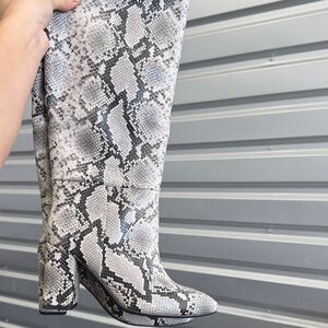 Over-the-Knee Snake Print Block Heel Boots - Gray
